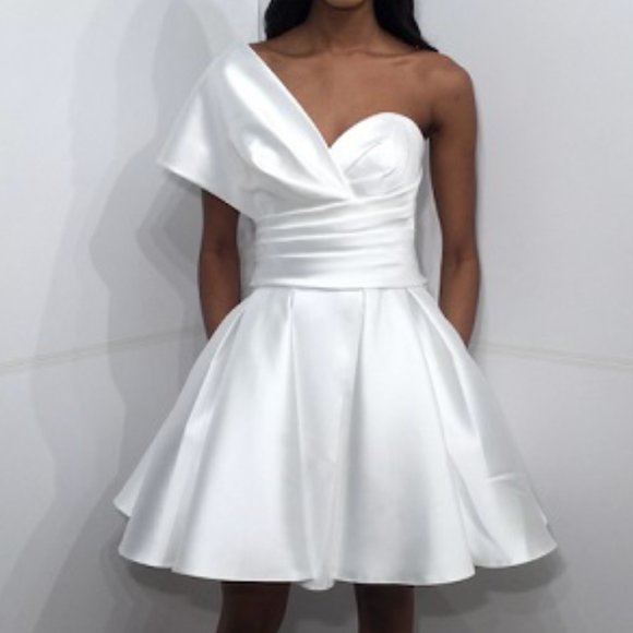 Jovani JVN Ivory A-line Short Dress One Shoulder Fit and Flare Dress - Picture 2 of 4